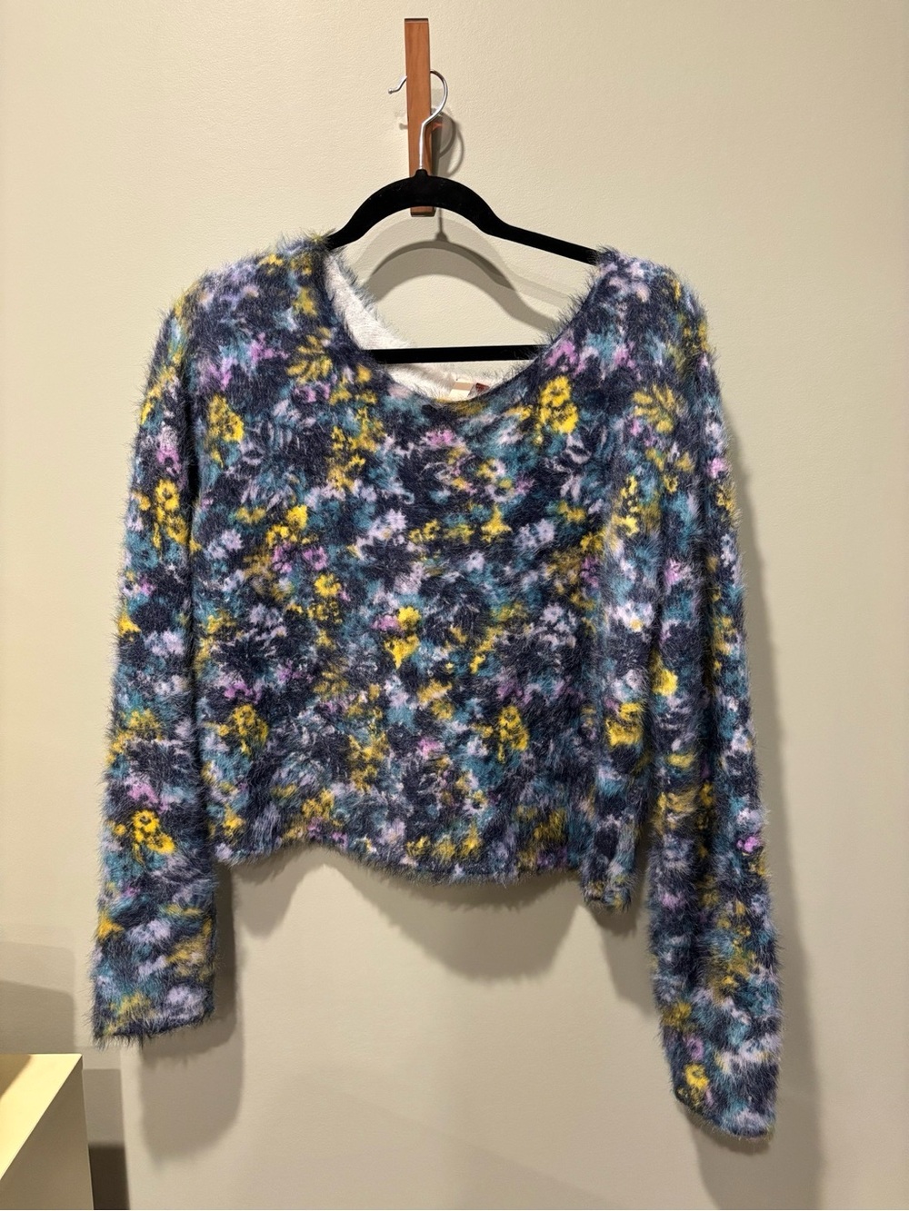 Pilcro Fuzzy Floral Knit Sweater in Blue, Yellow, Purple